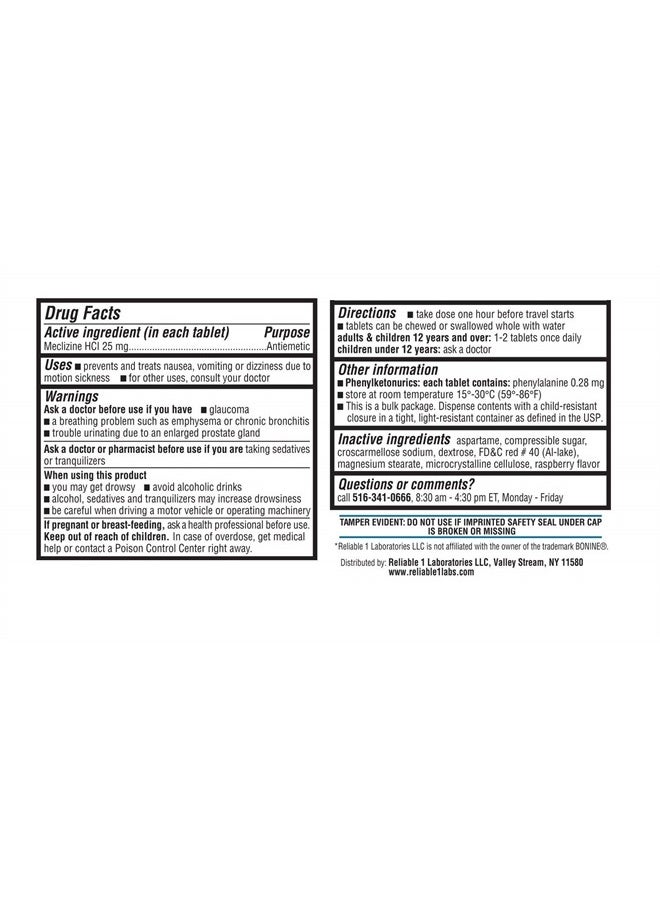 Reliable-1 Laboratories - Meclizine 25 mg Generic Bonine Motion Sickness (100 Chewable Tablets Each (2-Pack) - Prevent Nausea, Vomiting, and Dizziness Caused by Motion Sickness - Image 1