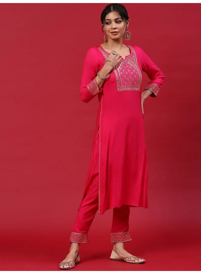 AKS Red & Blue Embroidered Kurta & Pant With Printed Dupatta Set