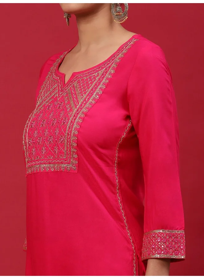 AKS Red & Blue Embroidered Kurta & Pant With Printed Dupatta Set