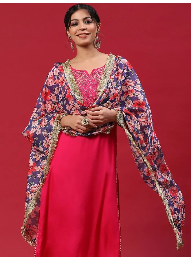 AKS Red & Blue Embroidered Kurta & Pant With Printed Dupatta Set
