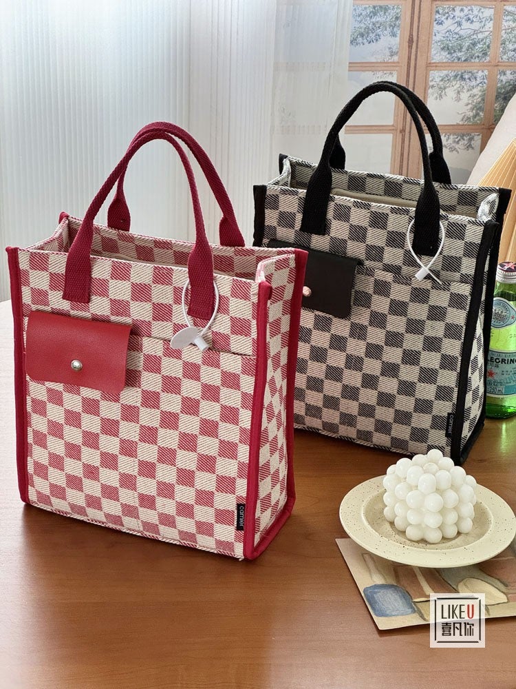 Original Homemade Artistic Checkerboard Three-Dimensional Style Student Lunch Box Simple Casual Portable Storage Mummy Bag - Image 5