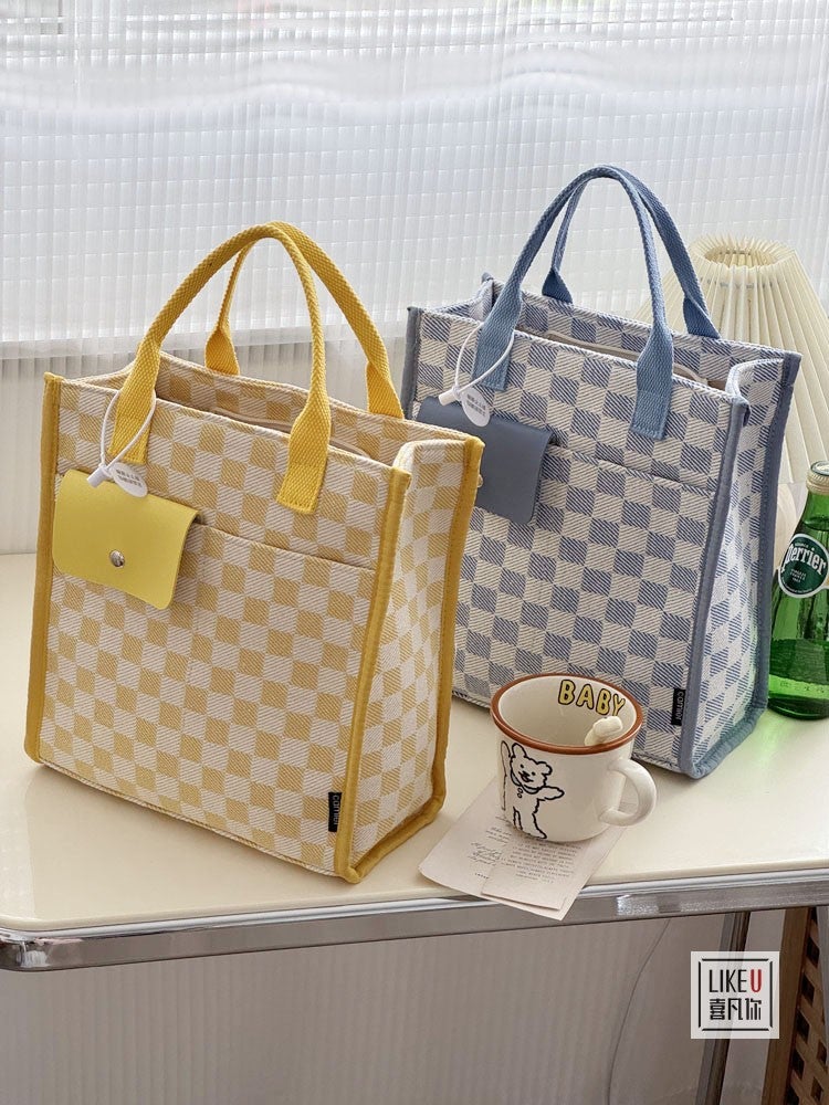 Original Homemade Artistic Checkerboard Three-Dimensional Style Student Lunch Box Simple Casual Portable Storage Mummy Bag - Image 2