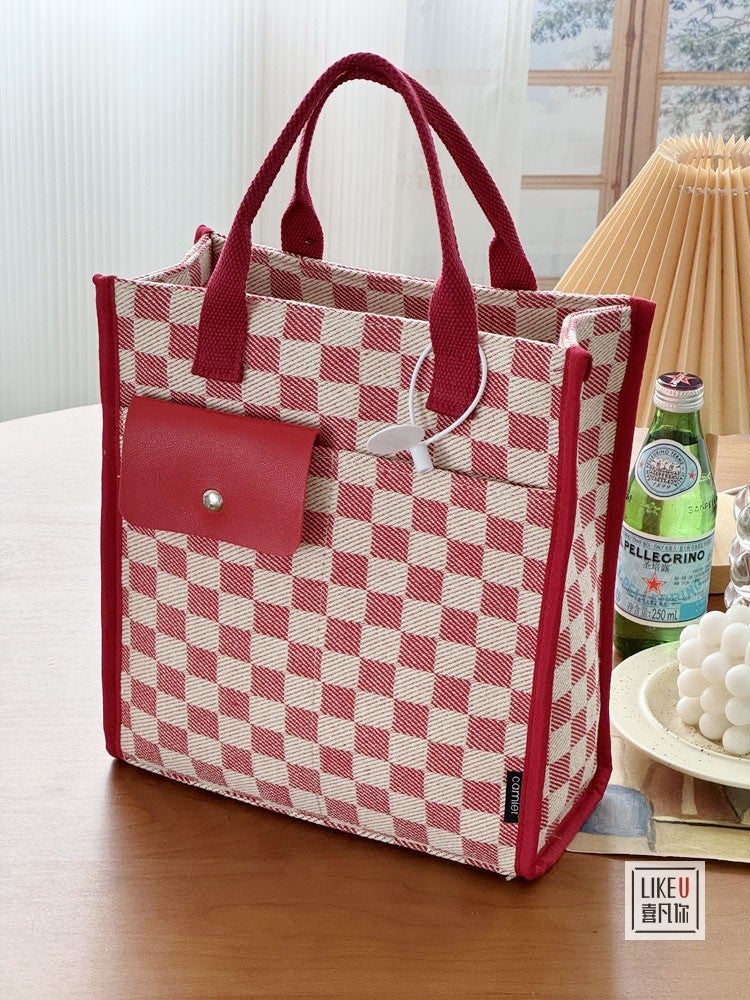 Original Homemade Artistic Checkerboard Three-Dimensional Style Student Lunch Box Simple Casual Portable Storage Mummy Bag - Image 1