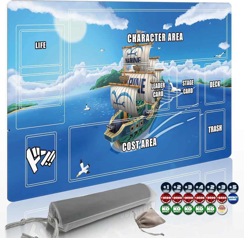 Extalas Playmat for One Piece Card Game (24x14 Inches): with Non-Slip Rubber, Zones Design, a Professional Storage Bag Included, Plus a Limited-Time Gift of a Set of 20 Damage Counters (Sky Ship) - Image 1