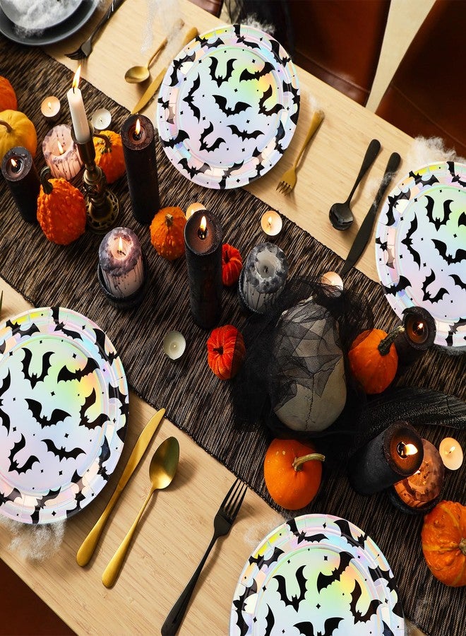 Whaline 40 Pcs Iridescent Halloween Bats Paper Plates Holographic Black Bats Disposable Plates 9 Inch Party Tableware for Trick or Treat Birthday Holiday Table Decor Supplies - Image 3
