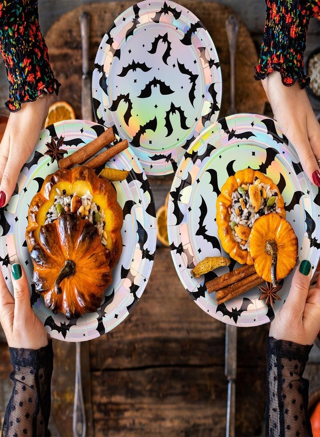 Whaline 40 Pcs Iridescent Halloween Bats Paper Plates Holographic Black Bats Disposable Plates 9 Inch Party Tableware for Trick or Treat Birthday Holiday Table Decor Supplies - Image 4