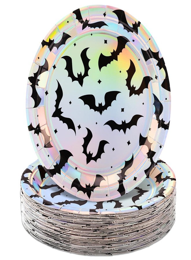 Whaline 40 Pcs Iridescent Halloween Bats Paper Plates Holographic Black Bats Disposable Plates 9 Inch Party Tableware for Trick or Treat Birthday Holiday Table Decor Supplies - Image 1