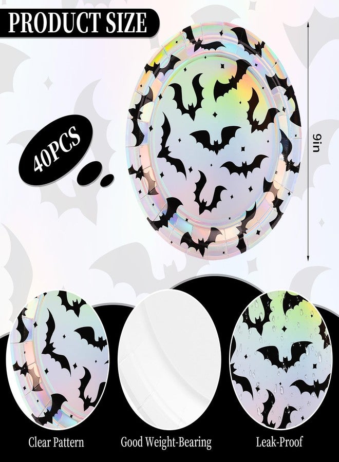 Whaline 40 Pcs Iridescent Halloween Bats Paper Plates Holographic Black Bats Disposable Plates 9 Inch Party Tableware for Trick or Treat Birthday Holiday Table Decor Supplies - Image 2