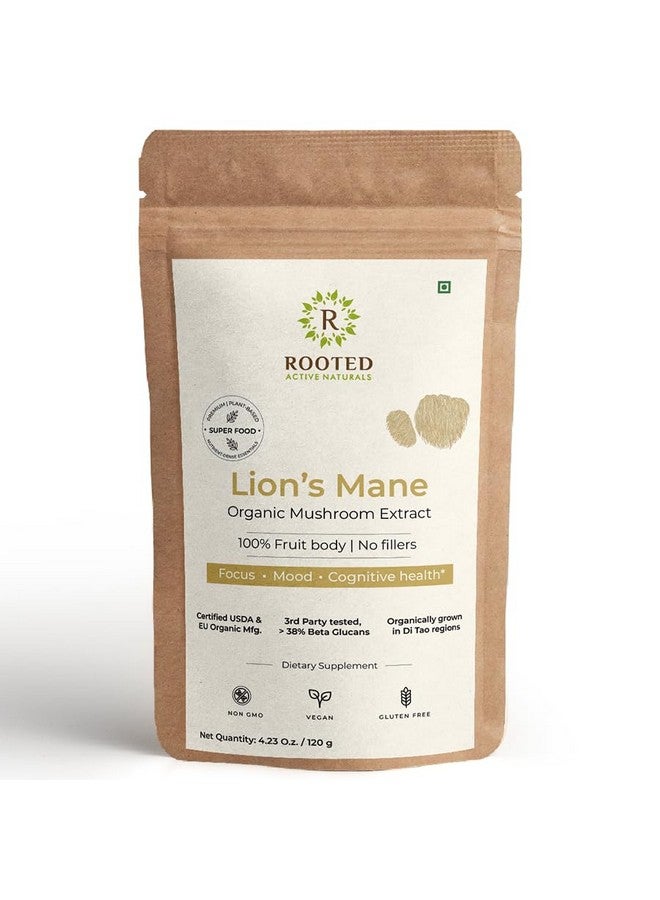 ROOTED Active's Lions Mane Mushroom Extract Powder USDA Organic, 38% Verified Beta Glucans| Cognition, Clarity, Focus & Mood, Brain Health Support (4.23 Ounce)