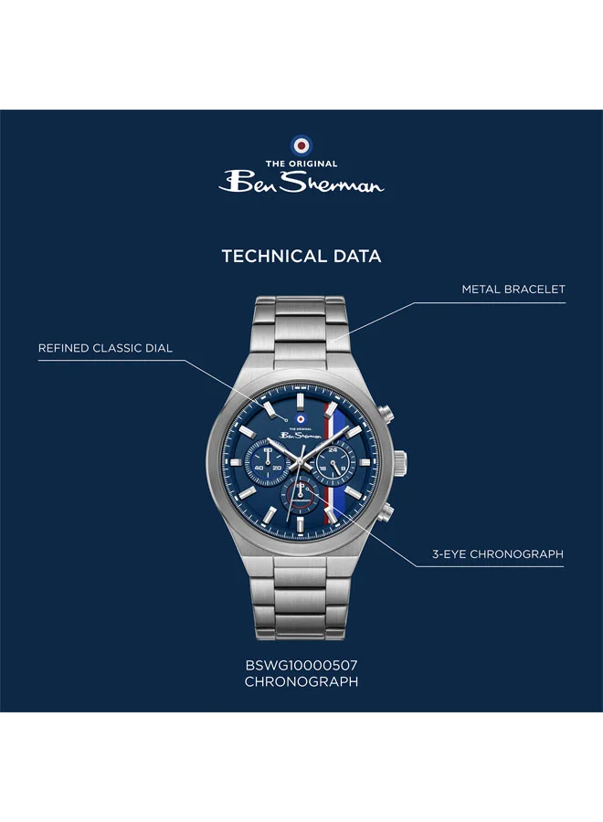 Ben Sherman Blue Canterbury Blue Dial Stainless Steel Bracelet Chronograph Watch for Men, 44mm for Men | Best Price UAE