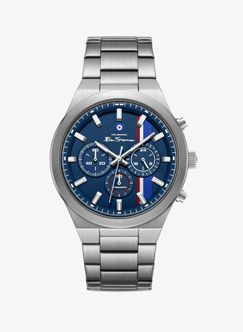 Ben Sherman Canterbury Blue Dial Stainless Steel Bracelet Chronograph Watch for Men, 44mm