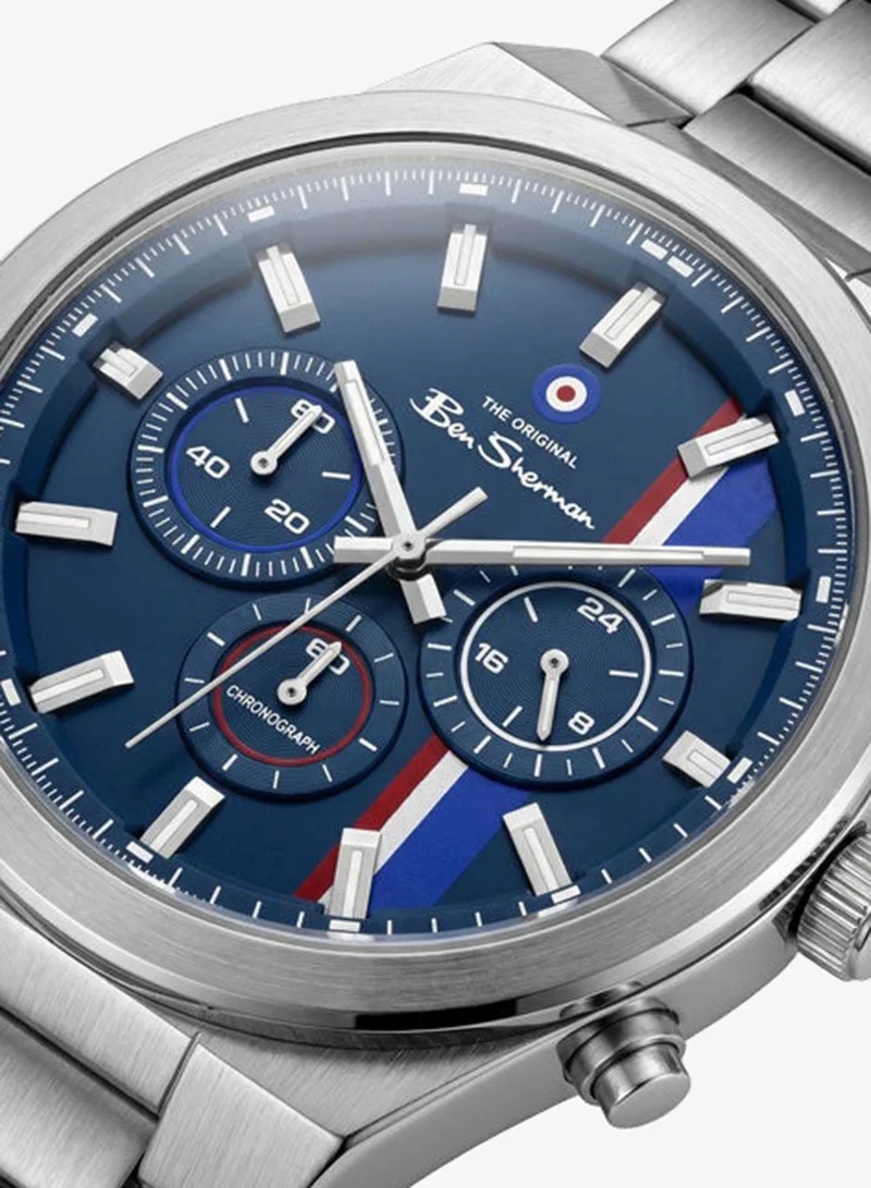 Ben Sherman Canterbury Blue Dial Stainless Steel Bracelet Chronograph Watch for Men, 44mm