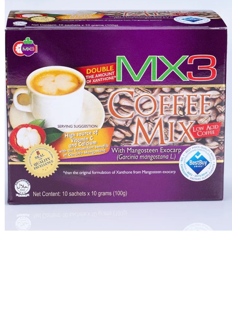 مزيج قهوة MX3 منخفض الحموضة مع قشرة المانجوستين (مصدر غني بفيتامين سي والكالسيوم) 10 أكياس × 10 جم (100 جم)