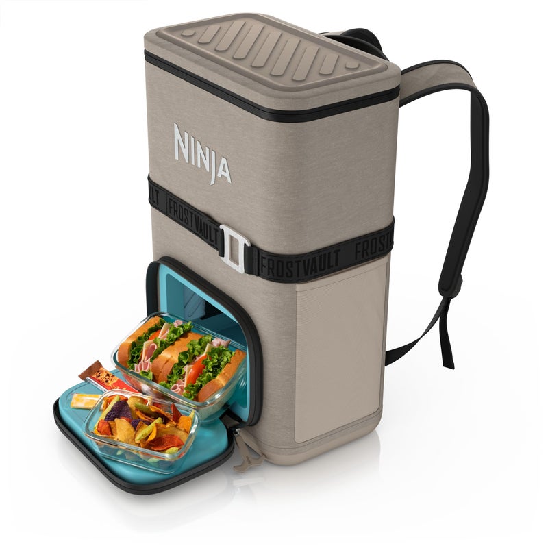 Ninja Backpack Cooler FrostVault Go 24 Can Soft Cooler Leakproof Zipper with Built in Can Opener 2 Ice Packs Dry Storage Drawer for Hiking Camping More Birch Beige FF124CS - Image 2