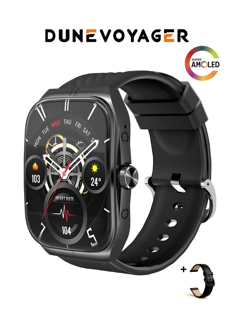 مسافر الكثبان ساعة ذكية بشاشة AMOLED عالية الدقة، بطارية 300 مللي أمبير، للرجال والنساء، تدعم NFC السلبي، أوضاع رياضية متعددة، مقاومة للماء بمعيار IP68، مكالمات بلوتوث عالية الدقة، مراقبة فورية لمعدل ضربات القلب وتشبع الأكسجين (SPO2)، طلاء مفرغ من سبائك الزنك، ساعة ذكية فاخرة – باللون الأسود - Image 1