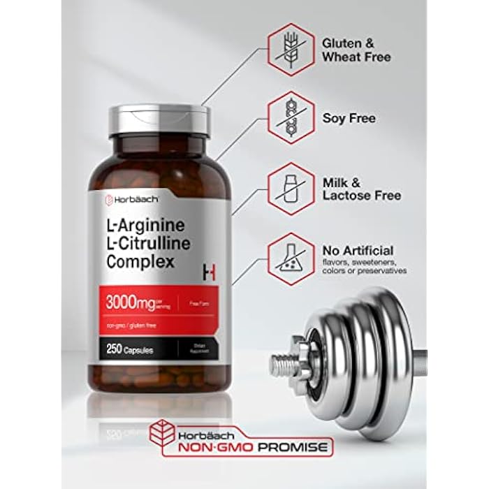 Horbäach L-Arginine L-Citrulline Complex | 3000mg | 250 Capsules | Non-GMO, Gluten Free Supplement - Image 4