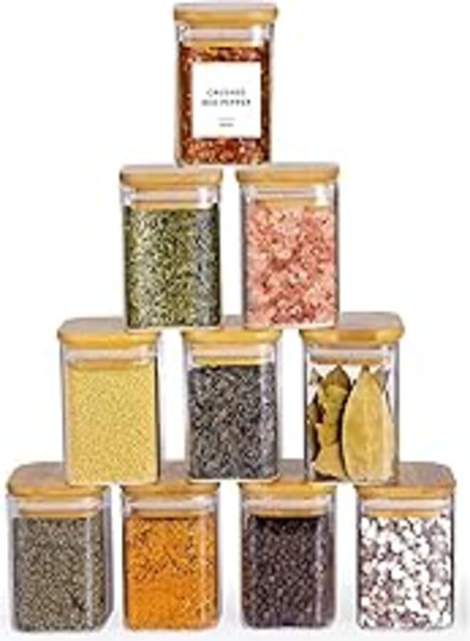 Tycom Glass Jars Set 210ML, Food Cereal Storage Spice Containers for Home Kitchen, Food Storage jars With Labels, Marker and spoons, Square 6 * 8cm 10 Pieces With Wood Lid.