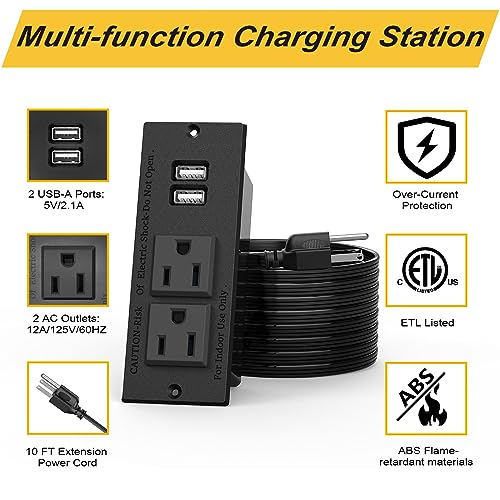 Kungfuking Desktop Power Grommet Conference Recessed Power Strip in Desk Outlet Power Socket 2-Socket &2-USB Ports 9.85 FT Extension Power Cord, ETL Listed - Image 5