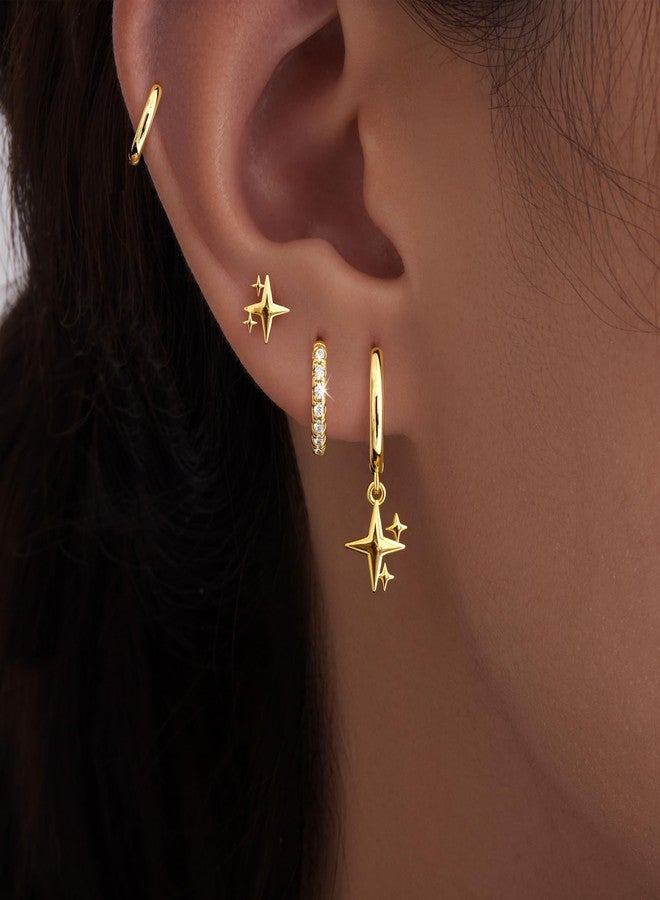 Poxtex Gold Star Earrings for Women,Huggie Small Stack Cartilage Hoop Cross Stud Earring Sets for Multiple Double Piercing, Conch Helix Rook Tragus Daith Piercing Gold Clip On Jewelry Set Gifts - Image 3