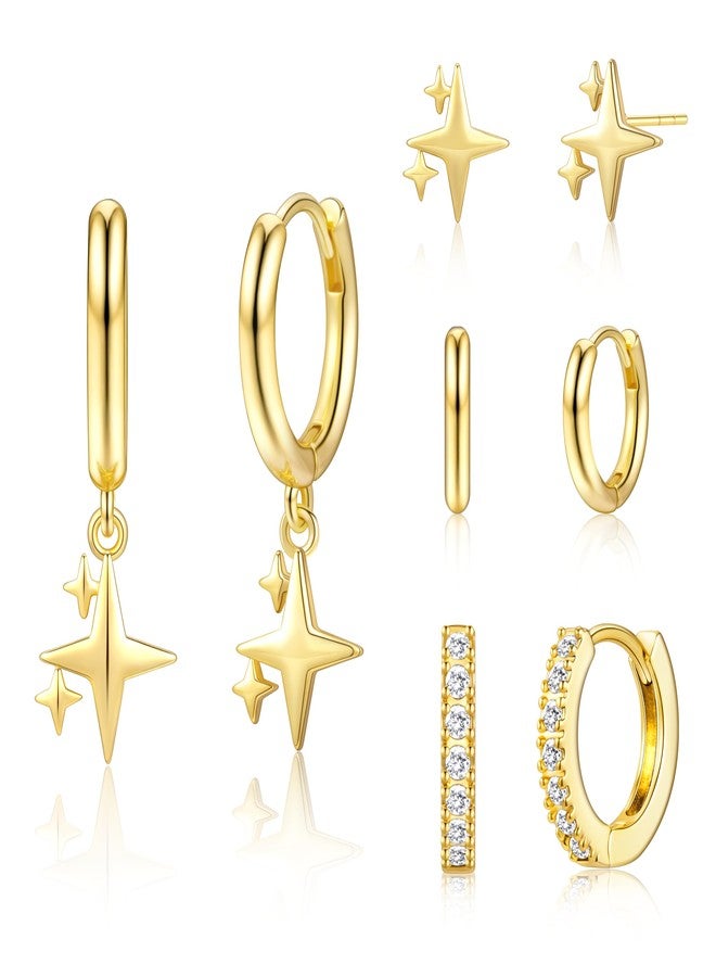 Poxtex Gold Star Earrings for Women,Huggie Small Stack Cartilage Hoop Cross Stud Earring Sets for Multiple Double Piercing, Conch Helix Rook Tragus Daith Piercing Gold Clip On Jewelry Set Gifts - Image 1