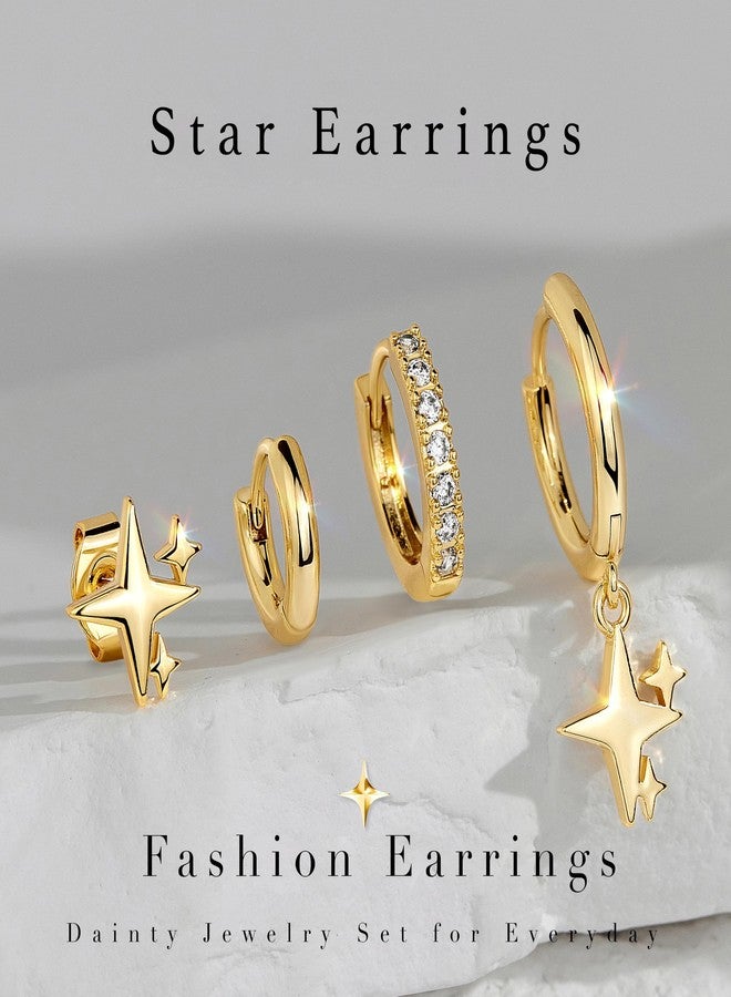 Poxtex Gold Star Earrings for Women,Huggie Small Stack Cartilage Hoop Cross Stud Earring Sets for Multiple Double Piercing, Conch Helix Rook Tragus Daith Piercing Gold Clip On Jewelry Set Gifts - Image 4