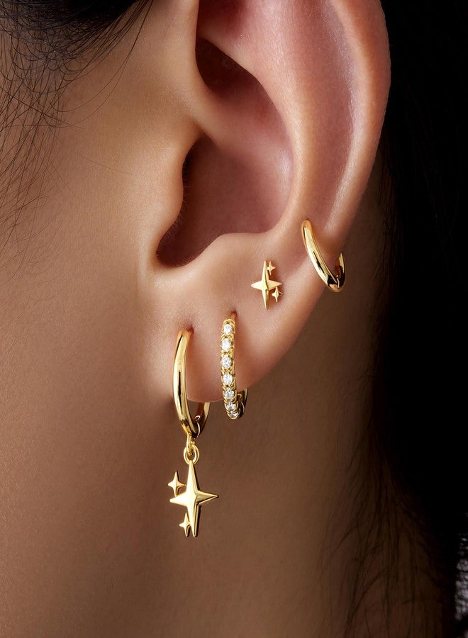 Poxtex Gold Star Earrings for Women,Huggie Small Stack Cartilage Hoop Cross Stud Earring Sets for Multiple Double Piercing, Conch Helix Rook Tragus Daith Piercing Gold Clip On Jewelry Set Gifts - Image 5