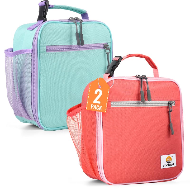 CaCTOUR Lunch Box Kids,2 Packs Insulated Lunch Bag for Girls Boys,Soft Bag Mini Cooler Back to School Thermal Reusable Lunch Bag for Work School Picnic（Light Green & Pink - Image 1
