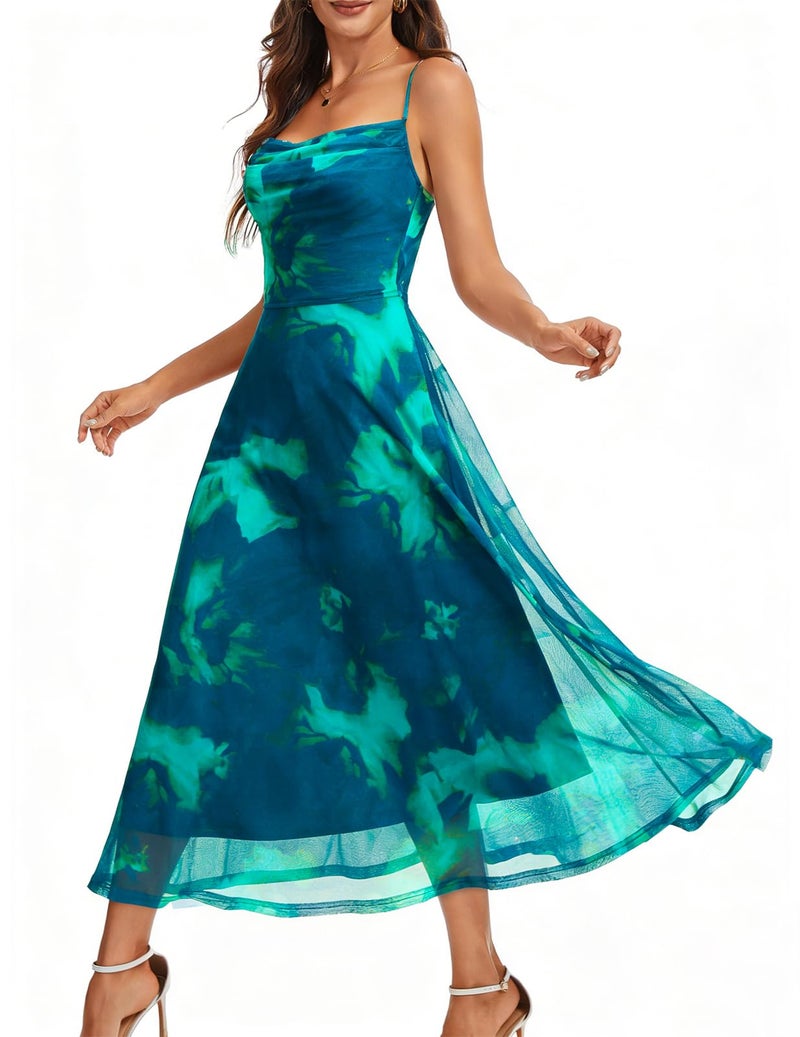 DRESSTELLS Floral Wedding Guest Dress, Women's Spring Easter Mesh Boho Dresses, Formal Midi Flowy for Cocktail Party, Spaghetti Strap & Aline Blue Green Flower M - Image 1
