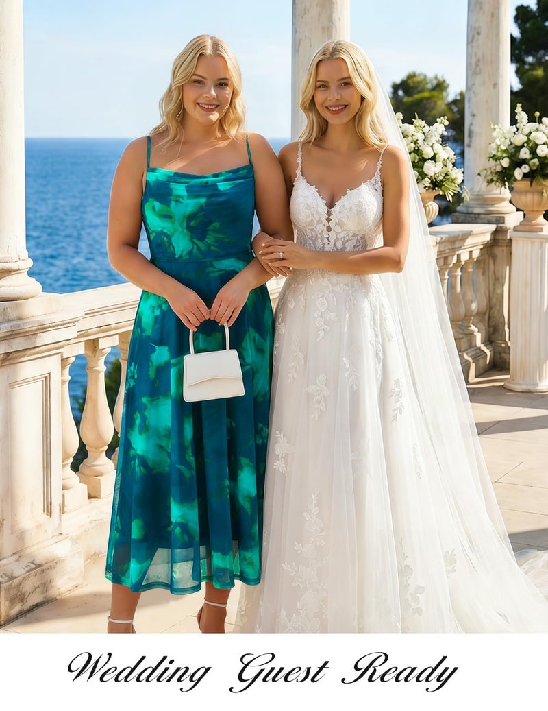 DRESSTELLS Floral Wedding Guest Dress, Women's Spring Easter Mesh Boho Dresses, Formal Midi Flowy for Cocktail Party, Spaghetti Strap & Aline Blue Green Flower M - Image 4