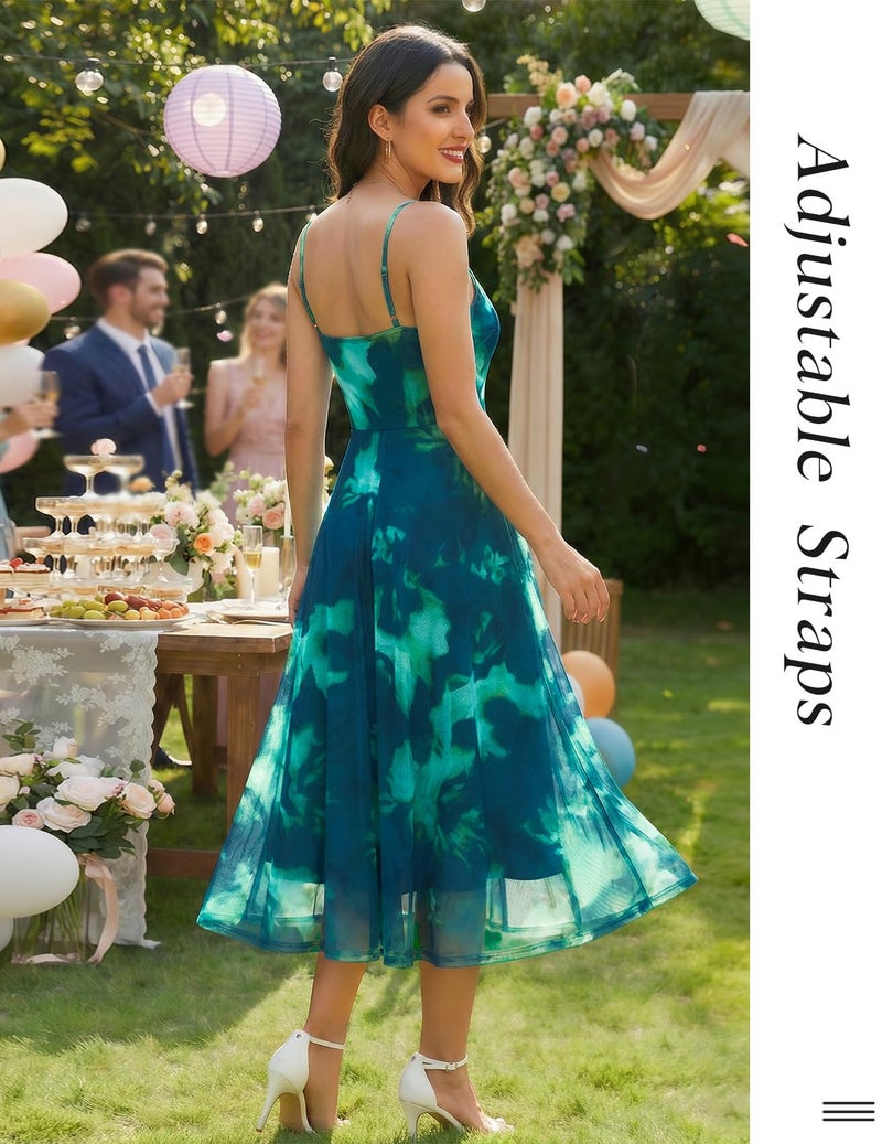 DRESSTELLS Floral Wedding Guest Dress, Women's Spring Easter Mesh Boho Dresses, Formal Midi Flowy for Cocktail Party, Spaghetti Strap & Aline Blue Green Flower M - Image 2