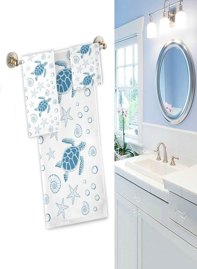 Naanle Ocean Sea Turtle Starfish Shells Soft Luxury Set of 3 Towels, 1 Bath Towel+1 Hand Towel+1 Washcloth, Multipurpose for Bathroom, Hotel, Gym, Spa and Beach(Blue White) - Image 3