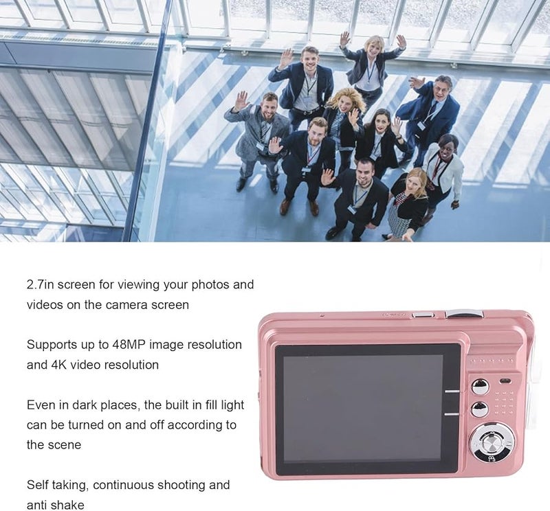 AYNEFY 48 ميغابكسل كاميرا رقمية 4K محمولة بشاشة LCD 2.7 بوصة قابلة لإعادة الشحن مدمجة وردية اللون - Image 4