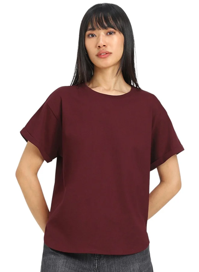 جونبيري Juneberry Pure Cotton BoyFriend Fit MEHROON T-Shirt For Women