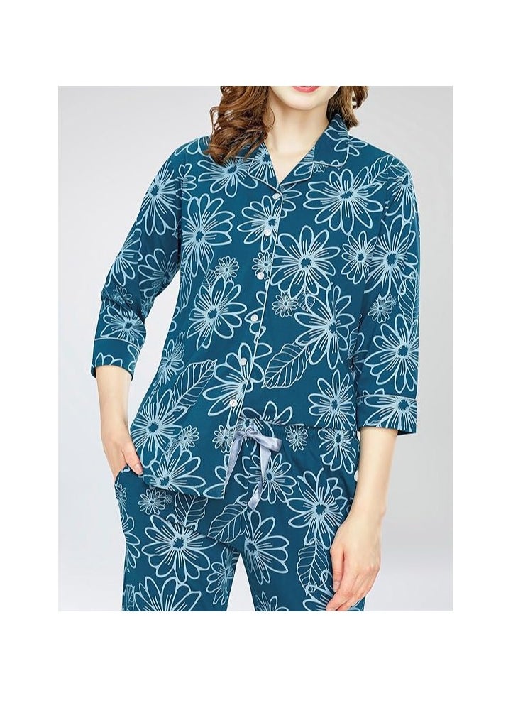 Accessorize Kingdom - Night Suit for Women's Floral Printed Cotton Night Dress of Shirt and Pajama Set - Image 1