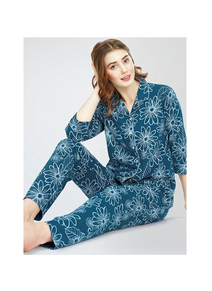 Accessorize Kingdom - Night Suit for Women's Floral Printed Cotton Night Dress of Shirt and Pajama Set - Image 1