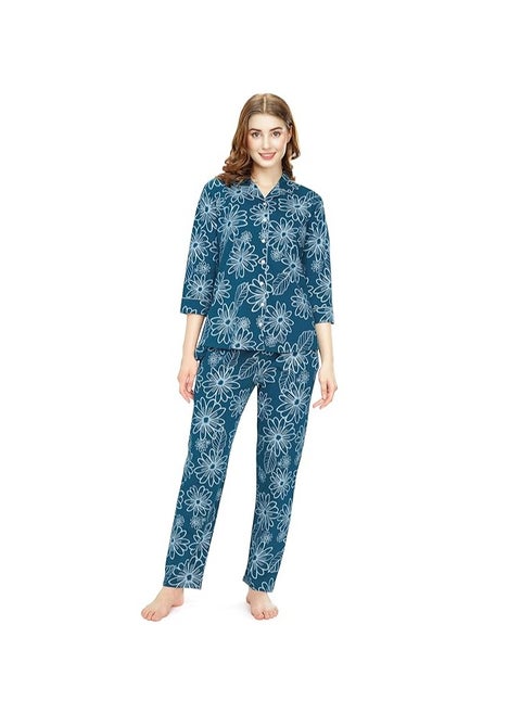 Night Suit for Women's Floral Printed Cotton Night Dress of Shirt and Pajama Set