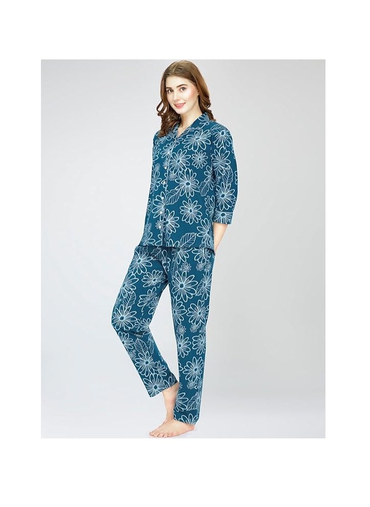 Accessorize Kingdom - Night Suit for Women's Floral Printed Cotton Night Dress of Shirt and Pajama Set - Image 1