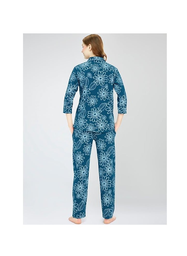 Accessorize Kingdom - Night Suit for Women's Floral Printed Cotton Night Dress of Shirt and Pajama Set - Image 1