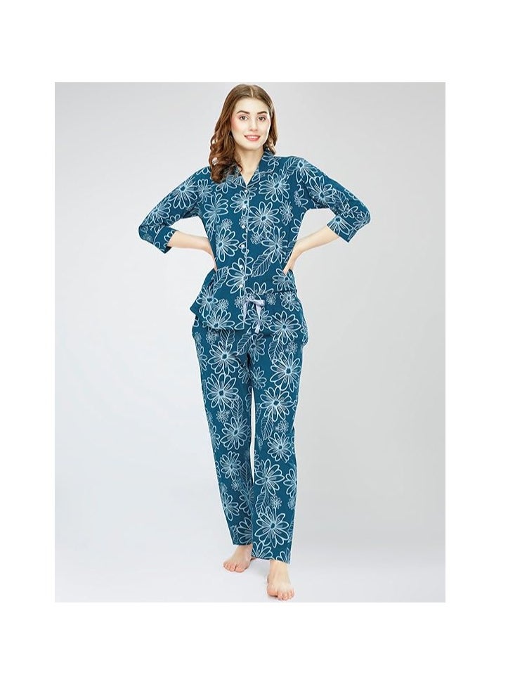Accessorize Kingdom - Night Suit for Women's Floral Printed Cotton Night Dress of Shirt and Pajama Set - Image 1