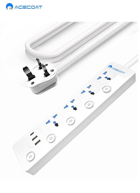 Universal Power Extension Cord with Surge Protector 4 Power Sockets & 3 USB Ports, 3 Meter USB C Power Strip for House, Office etc., Multi Plug