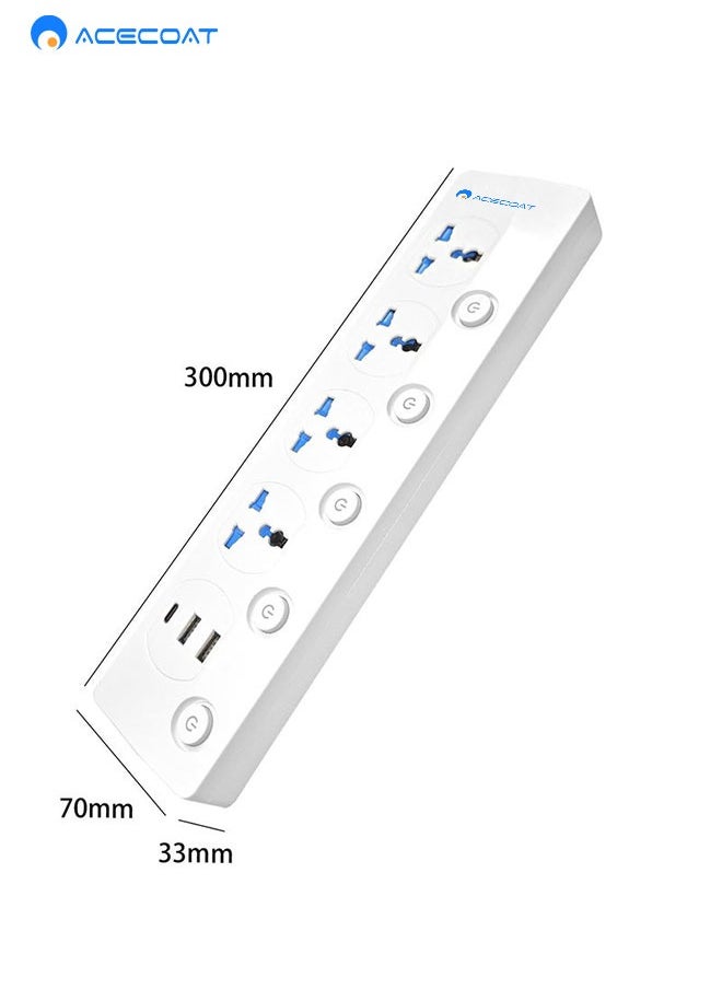 ACECOAT - Universal Power Extension Cord with Surge Protector 4 Power Sockets & 3 USB Ports, 3 Meter USB C Power Strip for House, Office etc., Multi Plug - Image 1