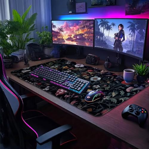 Mcapirivo Dark Floral Pattern Large Gaming Mouse Pad 31.5"x15.7"｜XXL Desk Mat, Non-Slip Rubber Base & Stitched Edges - Extended Waterproof Mousepad for PC/Laptop/Office/Home Decor - Image 2