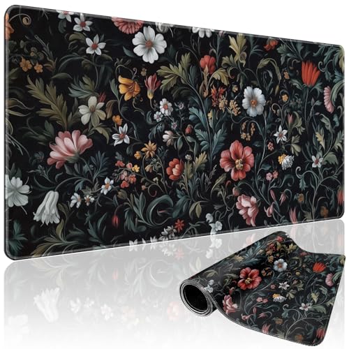 Mcapirivo Dark Floral Pattern Large Gaming Mouse Pad 31.5"x15.7"｜XXL Desk Mat, Non-Slip Rubber Base & Stitched Edges - Extended Waterproof Mousepad for PC/Laptop/Office/Home Decor - Image 1