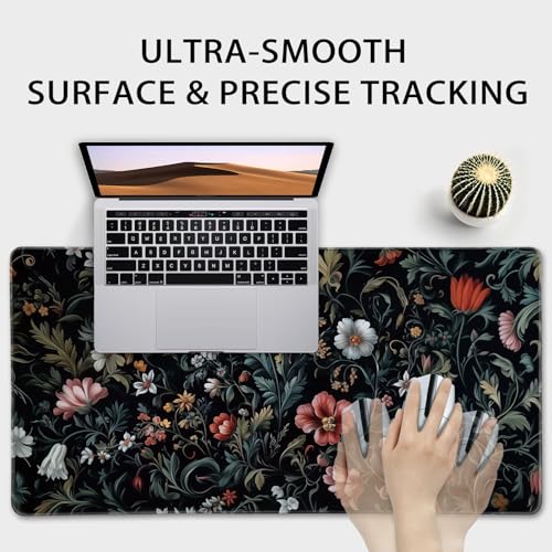 Mcapirivo Dark Floral Pattern Large Gaming Mouse Pad 31.5"x15.7"｜XXL Desk Mat, Non-Slip Rubber Base & Stitched Edges - Extended Waterproof Mousepad for PC/Laptop/Office/Home Decor - Image 5