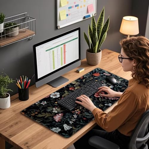 Mcapirivo Dark Floral Pattern Large Gaming Mouse Pad 31.5"x15.7"｜XXL Desk Mat, Non-Slip Rubber Base & Stitched Edges - Extended Waterproof Mousepad for PC/Laptop/Office/Home Decor - Image 3