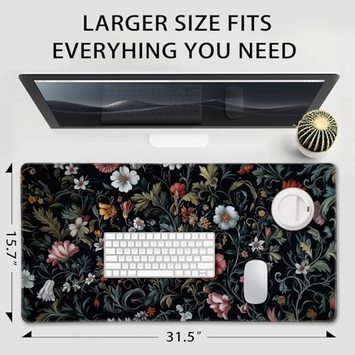 Mcapirivo Dark Floral Pattern Large Gaming Mouse Pad 31.5"x15.7"｜XXL Desk Mat, Non-Slip Rubber Base & Stitched Edges - Extended Waterproof Mousepad for PC/Laptop/Office/Home Decor - Image 4