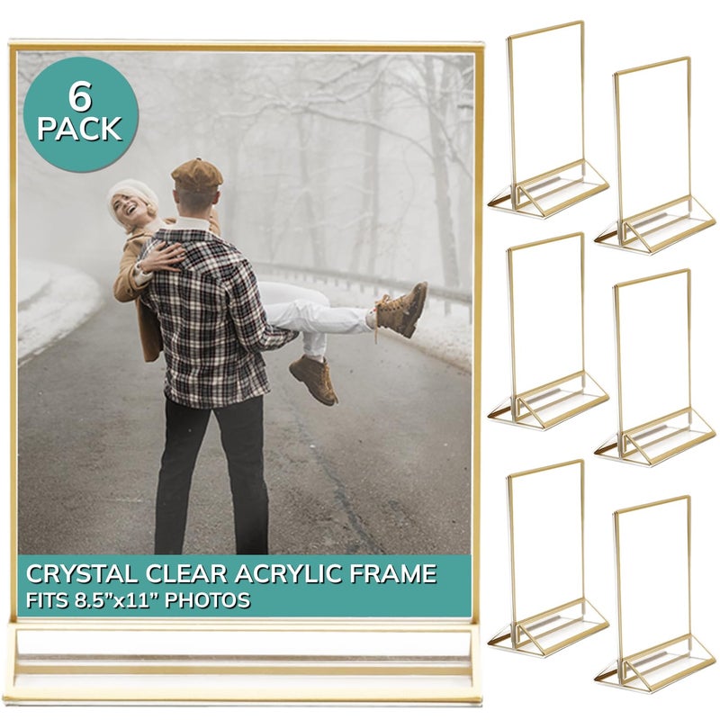 حامل عرض صور أكريليك PBF 85x11 عمودي شفاف حامل لافتات إطار صور ذهبي للطاولة 6 عبوات