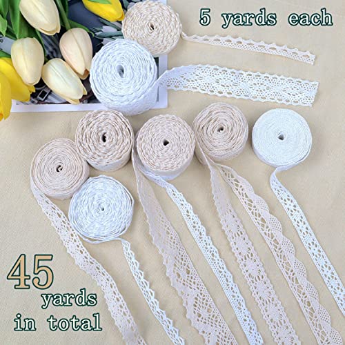 AIETSYEI Ribbon Lace 45 Yards Vintage Ribbon Cotton Lace Craft Lace Crochet Sewing for Gift Package Wrapping, Bridal Wedding Decoration, Scrapbooking Supplies (Beige+White) - Image 3