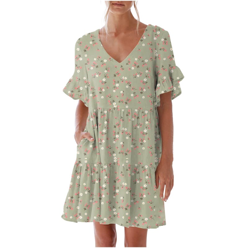 Women V-Neck Ruffle Sleeve Pocket Short Sleeve Dress Slim Fit Design - Image 3