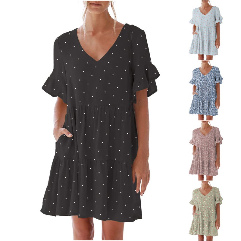 Women V-Neck Ruffle Sleeve Pocket Short Sleeve Dress Slim Fit Design - Image 1